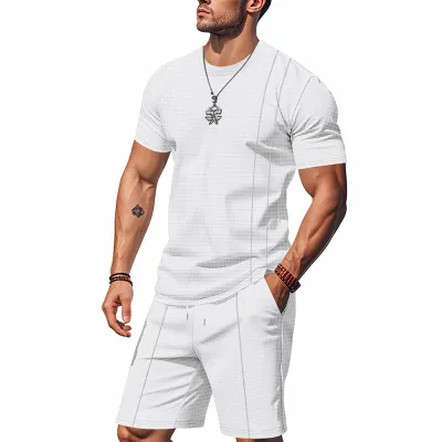 Men's Casual Waffle Short Sleeve T-Shirt and Shorts Set Solid Color Summer