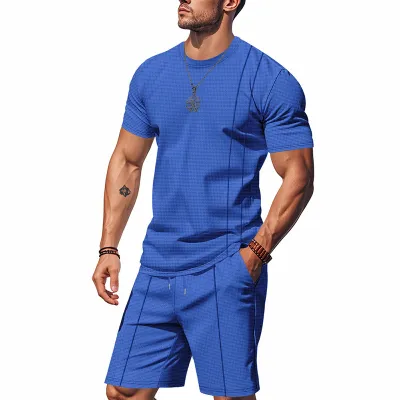 Men's Casual Waffle Short Sleeve T-Shirt and Shorts Set Solid Color Summer