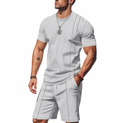 Men's Casual Waffle Short Sleeve T-Shirt and Shorts Set Solid Color Summer