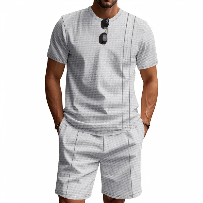 Men's Casual Waffle Short Sleeve T-Shirt and Shorts Set Solid Color Summer
