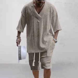 Men's Fashion Casual Summer Solid Color V-Neck Short Sleeve T-Shirt and Shorts Set