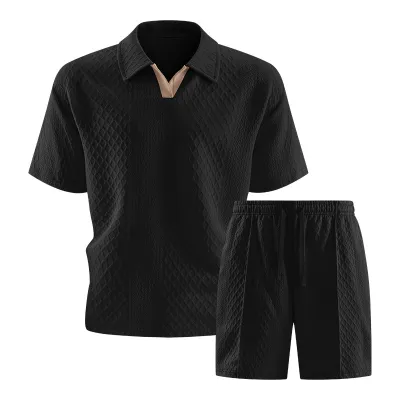 Men Fashion Casual Summer Solid Color Jacquard Lapel Short-Sleeve T-Shirt Loose Shorts Two-Piece Set