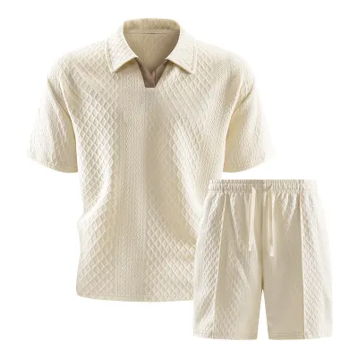 Men Fashion Casual Summer Solid Color Jacquard Lapel Short-Sleeve T-Shirt Loose Shorts Two-Piece Set