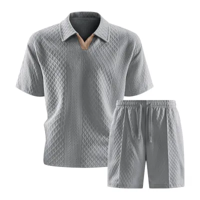 Men Fashion Casual Summer Solid Color Jacquard Lapel Short-Sleeve T-Shirt Loose Shorts Two-Piece Set
