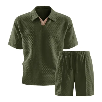 Men Fashion Casual Summer Solid Color Jacquard Lapel Short-Sleeve T-Shirt Loose Shorts Two-Piece Set