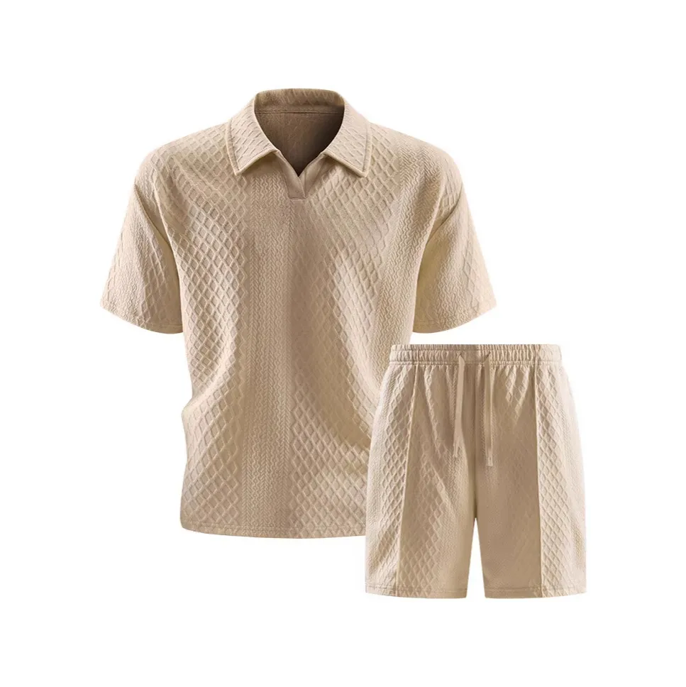 Men Fashion Casual Summer Solid Color Jacquard Lapel Short-Sleeve T-Shirt Loose Shorts Two-Piece Set