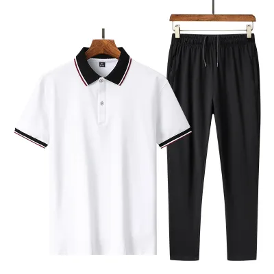 Men Athleisure Two-Piece Set: Short Sleeve Polo Shirt and Slim-Fit Pants for Summer