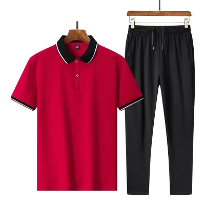Men Athleisure Two-Piece Set: Short Sleeve Polo Shirt and Slim-Fit Pants for Summer