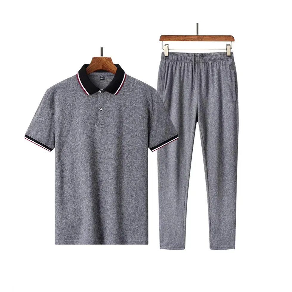 Men Athleisure Two-Piece Set: Short Sleeve Polo Shirt and Slim-Fit Pants for Summer