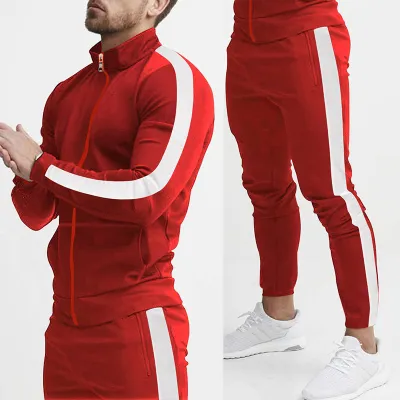 Men's Fashion Casual Color-Block Long-Sleeve Zipper Jacket Tight Pants Two-Piece Set