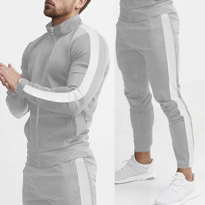 Men's Fashion Casual Color-Block Long-Sleeve Zipper Jacket Tight Pants Two-Piece Set