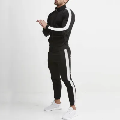 Men's Fashion Casual Color-Block Long-Sleeve Zipper Jacket Tight Pants Two-Piece Set