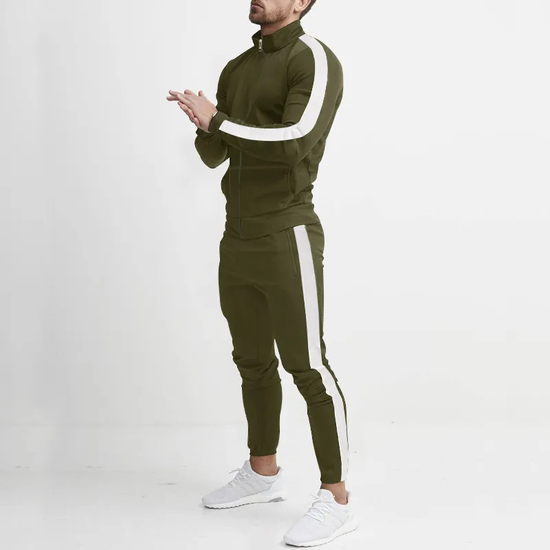 Men's Fashion Casual Color-Block Long-Sleeve Zipper Jacket Tight Pants Two-Piece Set