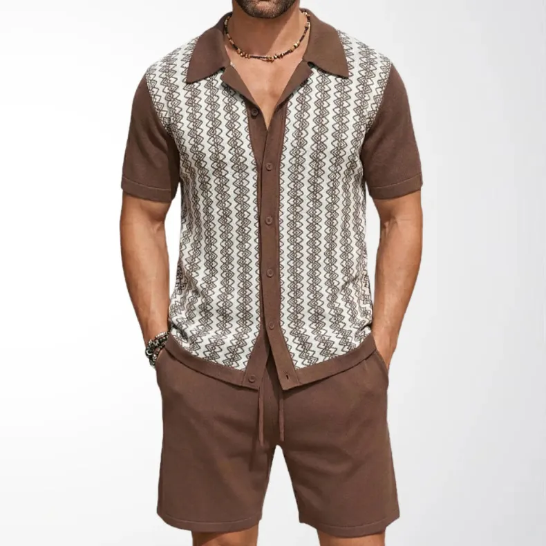 Men's Fashion Casual Summer Jacquard Short-Sleeve Shirt and Shorts Set