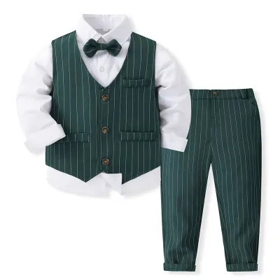 Kids Boys Casual British Style Party Stripe Vest Long-Sleeve Lapel Shirt Pants Three-Piece Cotton Set