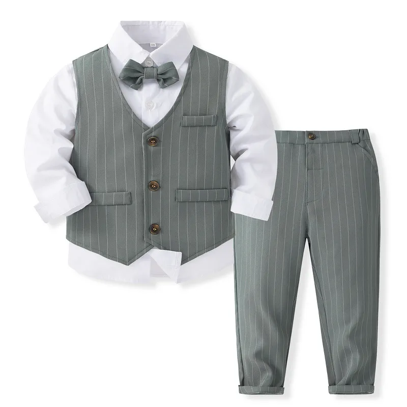 Kids Boys Casual British Style Party Stripe Vest Long-Sleeve Lapel Shirt Pants Three-Piece Cotton Set