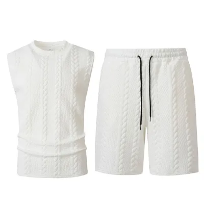 Men Fashion Casual Summer Solid Color Jacquard Round Neck Sleeveless Top Shorts Two-Piece Set