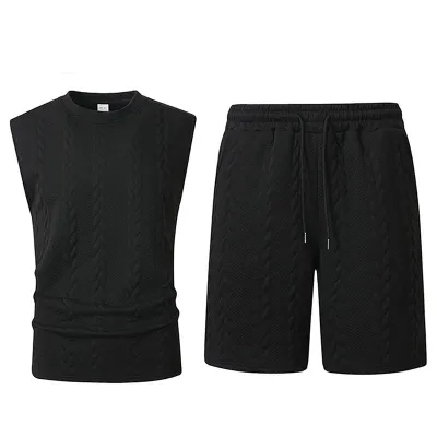 Men Fashion Casual Summer Solid Color Jacquard Round Neck Sleeveless Top Shorts Two-Piece Set