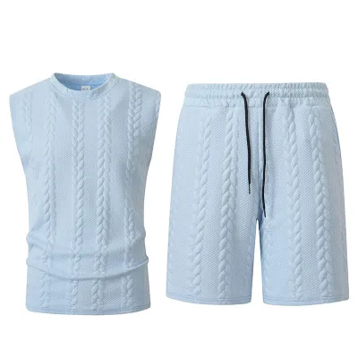 Men Fashion Casual Summer Solid Color Jacquard Round Neck Sleeveless Top Shorts Two-Piece Set