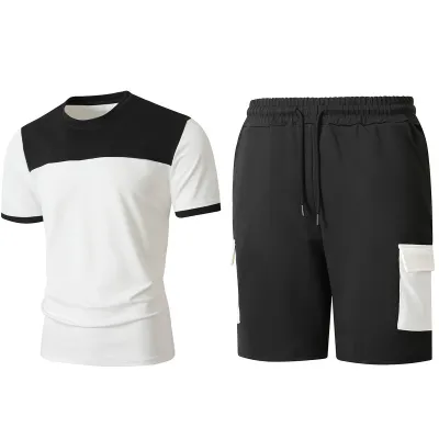 Men Fashion Casual Summer Stitching Round Neck Short-Sleeve T-Shirt Loose Shorts Two-Piece Set