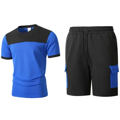 Men Fashion Casual Summer Stitching Round Neck Short-Sleeve T-Shirt Loose Shorts Two-Piece Set