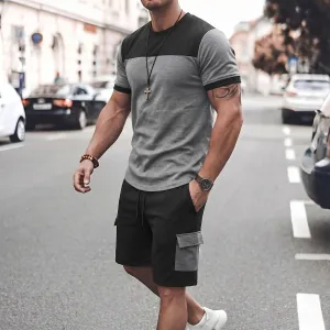 Men Fashion Casual Summer Stitching Round Neck Short-Sleeve T-Shirt Loose Shorts Two-Piece Set