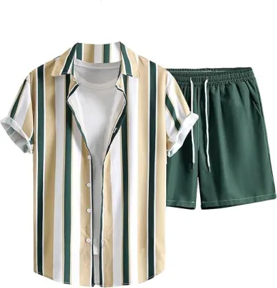 Men's Fashion Casual Summer Printed Short-Sleeve Shirt Breathable Shorts Two-Piece Set