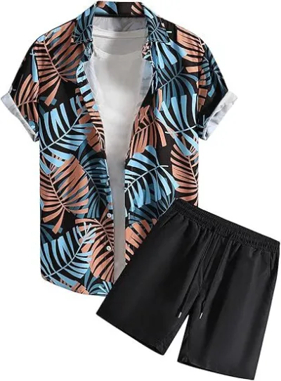 Men's Fashion Casual Summer Printed Short-Sleeve Shirt Breathable Shorts Two-Piece Set