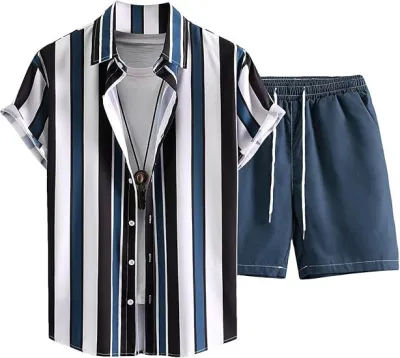 Men's Fashion Casual Summer Printed Short-Sleeve Shirt Breathable Shorts Two-Piece Set