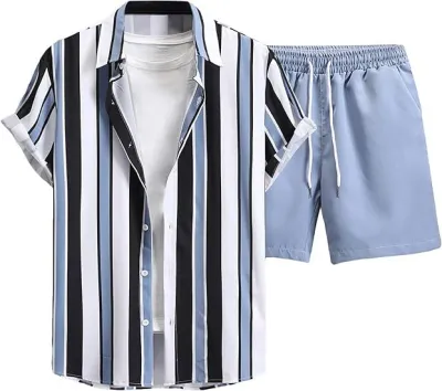 Men's Fashion Casual Summer Printed Short-Sleeve Shirt Breathable Shorts Two-Piece Set