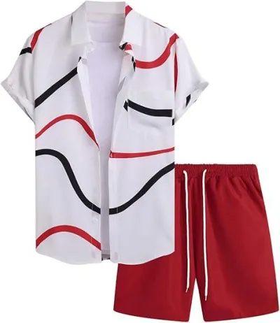 Men's Fashion Casual Summer Printed Short-Sleeve Shirt Breathable Shorts Two-Piece Set