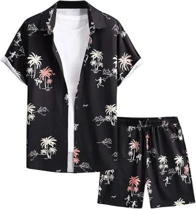 Men's Fashion Casual Summer Printed Short-Sleeve Shirt Breathable Shorts Two-Piece Set