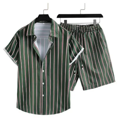 Men's Fashion Casual Summer Printed Short-Sleeve Shirt Breathable Shorts Two-Piece Set