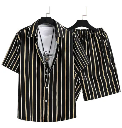 Men's Fashion Casual Summer Printed Short-Sleeve Shirt Breathable Shorts Two-Piece Set
