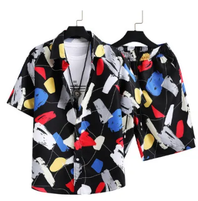 Men's Fashion Casual Summer Printed Short-Sleeve Shirt Breathable Shorts Two-Piece Set