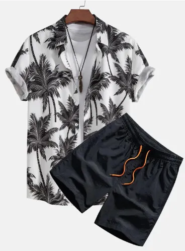 Men's Fashion Casual Summer Printed Short-Sleeve Shirt Breathable Shorts Two-Piece Set