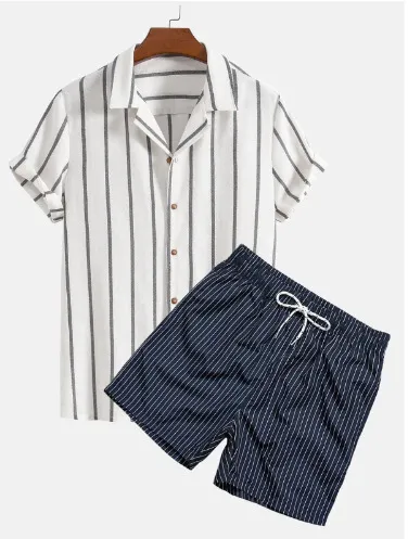Men's Fashion Casual Summer Printed Short-Sleeve Shirt Breathable Shorts Two-Piece Set