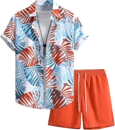 Men's Fashion Casual Summer Printed Short-Sleeve Shirt Breathable Shorts Two-Piece Set