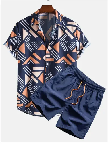 Men's Fashion Casual Summer Printed Short-Sleeve Shirt Breathable Shorts Two-Piece Set