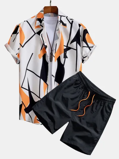 Men's Fashion Casual Summer Printed Short-Sleeve Shirt Breathable Shorts Two-Piece Set