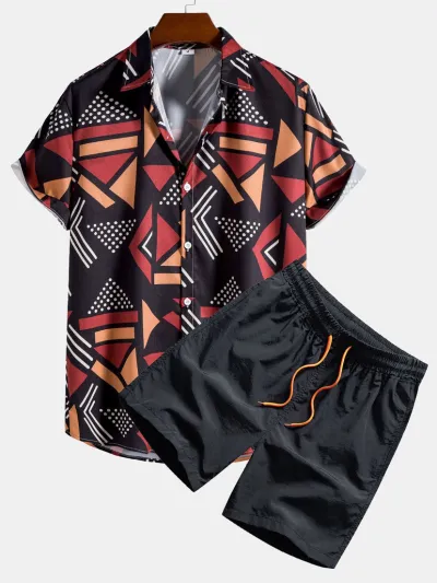 Men's Fashion Casual Summer Printed Short-Sleeve Shirt Breathable Shorts Two-Piece Set