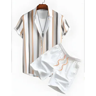 Men's Fashion Casual Summer Printed Short-Sleeve Shirt Breathable Shorts Two-Piece Set