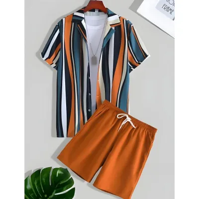 Men's Fashion Casual Summer Printed Short-Sleeve Shirt Breathable Shorts Two-Piece Set