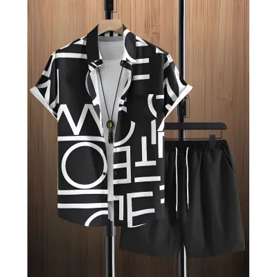 Men's Fashion Casual Summer Printed Short-Sleeve Shirt Breathable Shorts Two-Piece Set