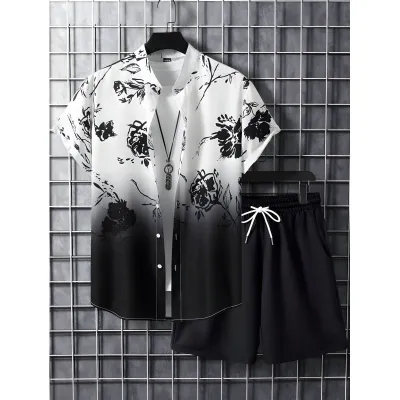 Men's Fashion Casual Summer Printed Short-Sleeve Shirt Breathable Shorts Two-Piece Set