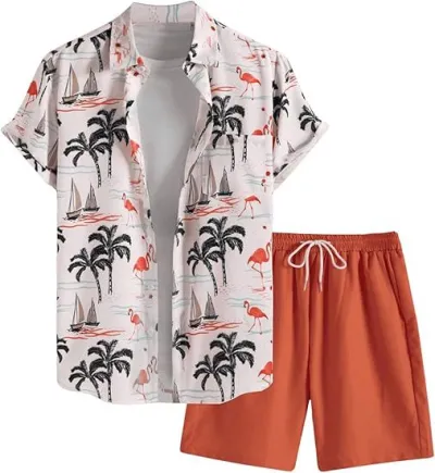 Men's Fashion Casual Summer Printed Short-Sleeve Shirt Breathable Shorts Two-Piece Set