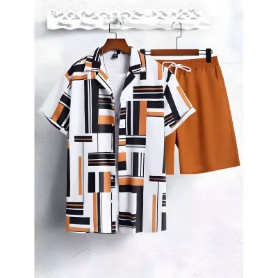 Men's Fashion Casual Summer Printed Short-Sleeve Shirt Breathable Shorts Two-Piece Set
