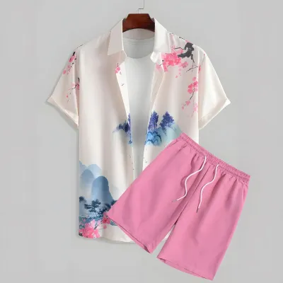 Men's Fashion Casual Summer Printed Short-Sleeve Shirt Breathable Shorts Two-Piece Set