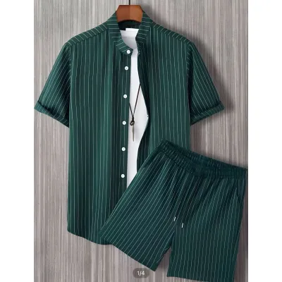 Men's Fashion Casual Summer Printed Short-Sleeve Shirt Breathable Shorts Two-Piece Set