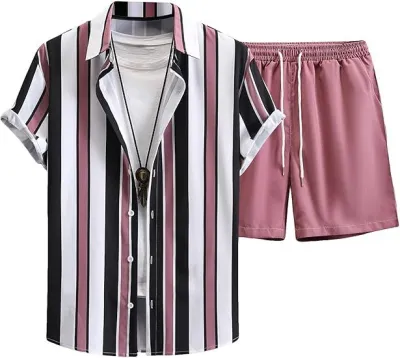 Men's Fashion Casual Summer Printed Short-Sleeve Shirt Breathable Shorts Two-Piece Set